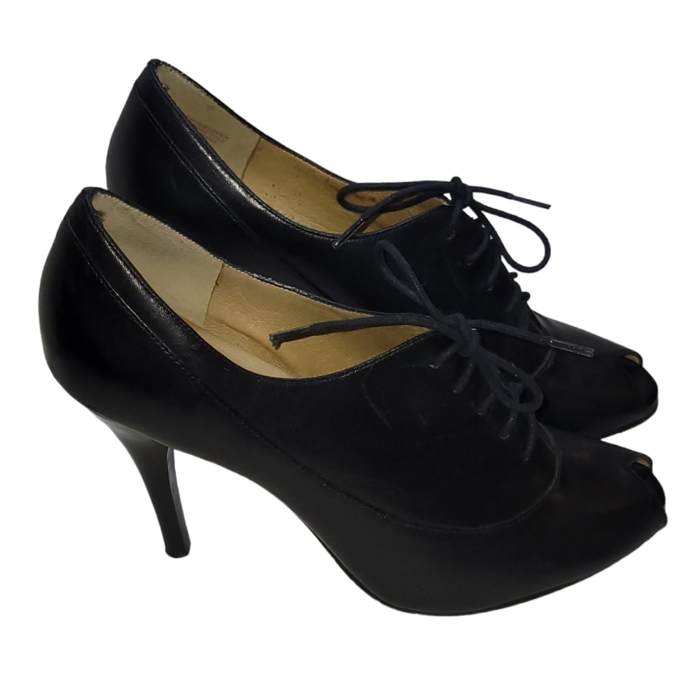 Ciao Bella 40's Style Black Leather Open Toe Peep Lace Up Heels Size 8 1/2